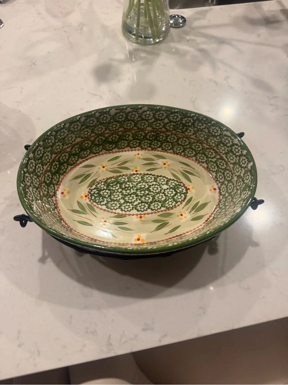 Hand-Painted Green Ceramic Serving Bowl with Wire Basket